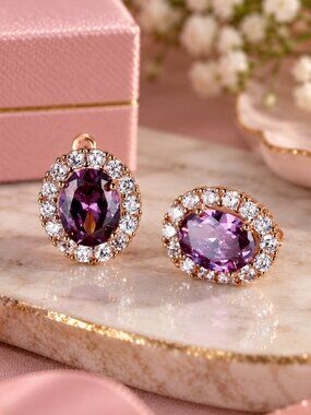 Purple Amethyst Halo Stud Earrings NWT | Oval Zircon Rose Gold
